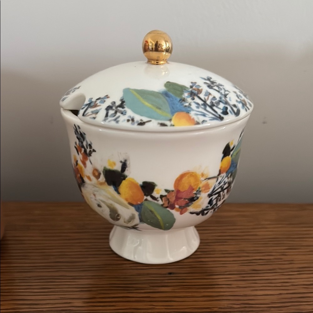 Anthropologie Floral Ceramic Sugar Bowl with Lid